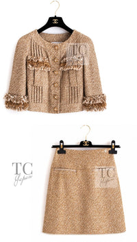 CHANEL 13C Gold Creme Silk Fringe Collarless Tweed Jacket Skirt Suit 34 36 13
