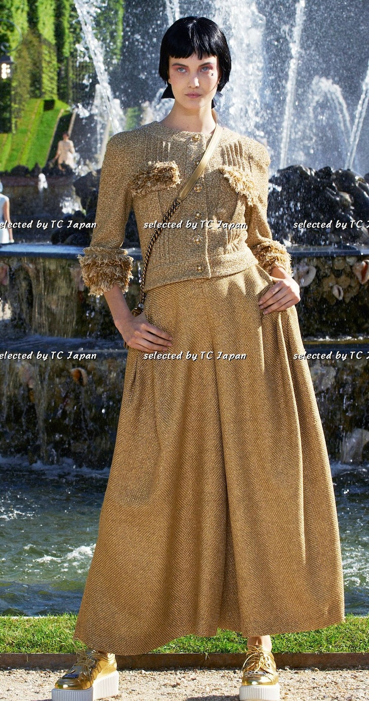 CHANEL 13C Gold Creme Silk Fringe Collarless Tweed Jacket Skirt Suit 34 36 | HK