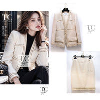 CHANEL 17PF Ivory Creme Gold Trim Wool Tweed Jacket Skirt Suit 38 1