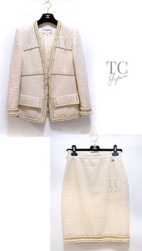 CHANEL 17PF Ivory Creme Gold Trim Wool Tweed Jacket Skirt Suit 38 12