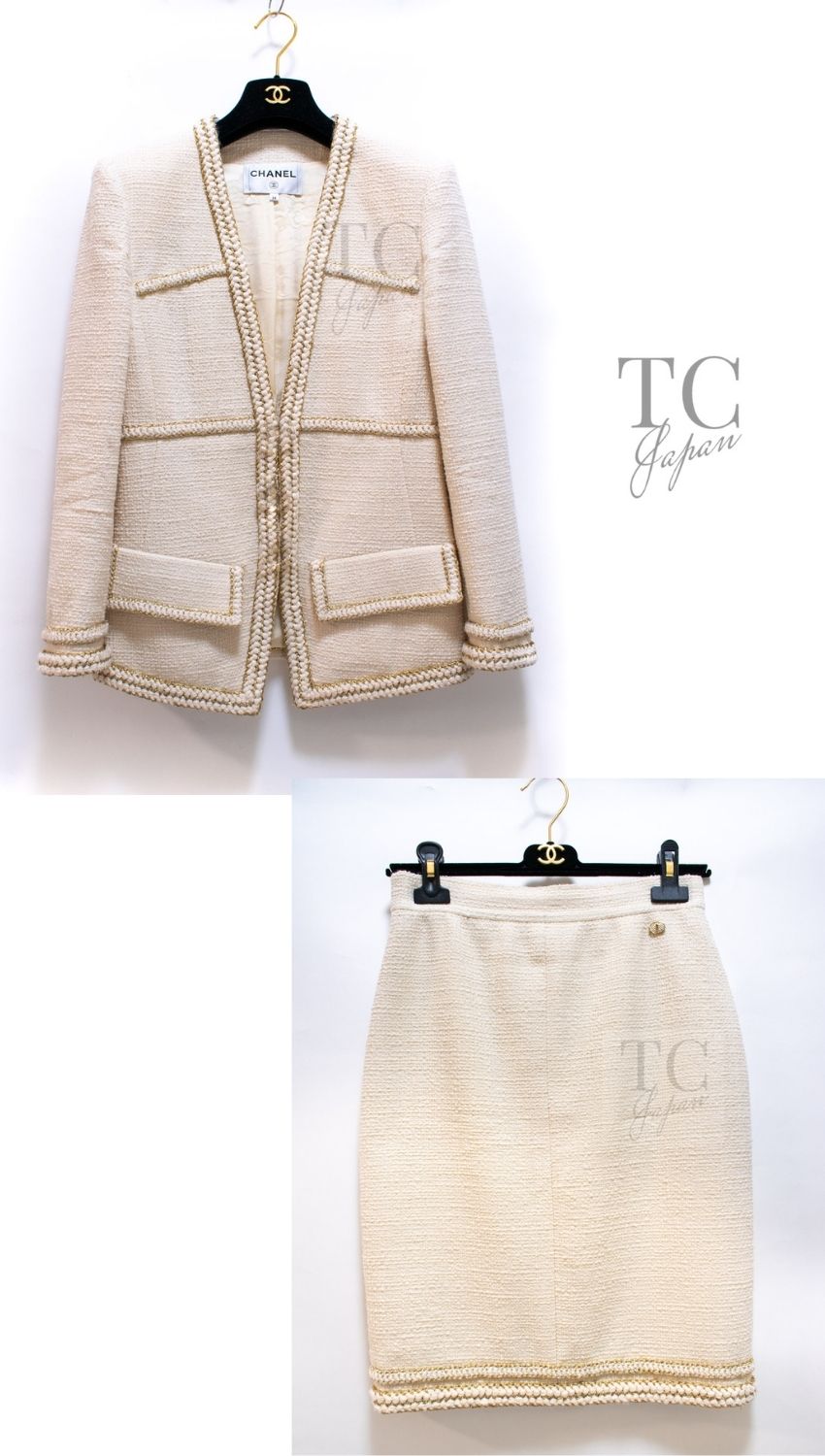 CHANEL 17PF Ivory Creme Gold Trim Wool Tweed Jacket Skirt Suit 38 12