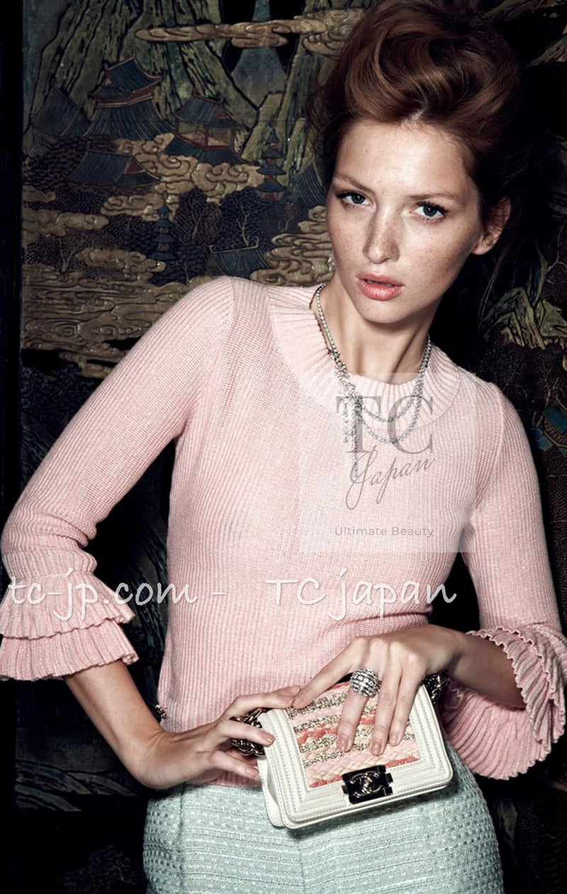 CHANEL 13C Cashmere Linen Knit Tops Sweater 40 42 シャネル ピンク カシミア リネン フリル ニット トップス セーター ココボタン 即発