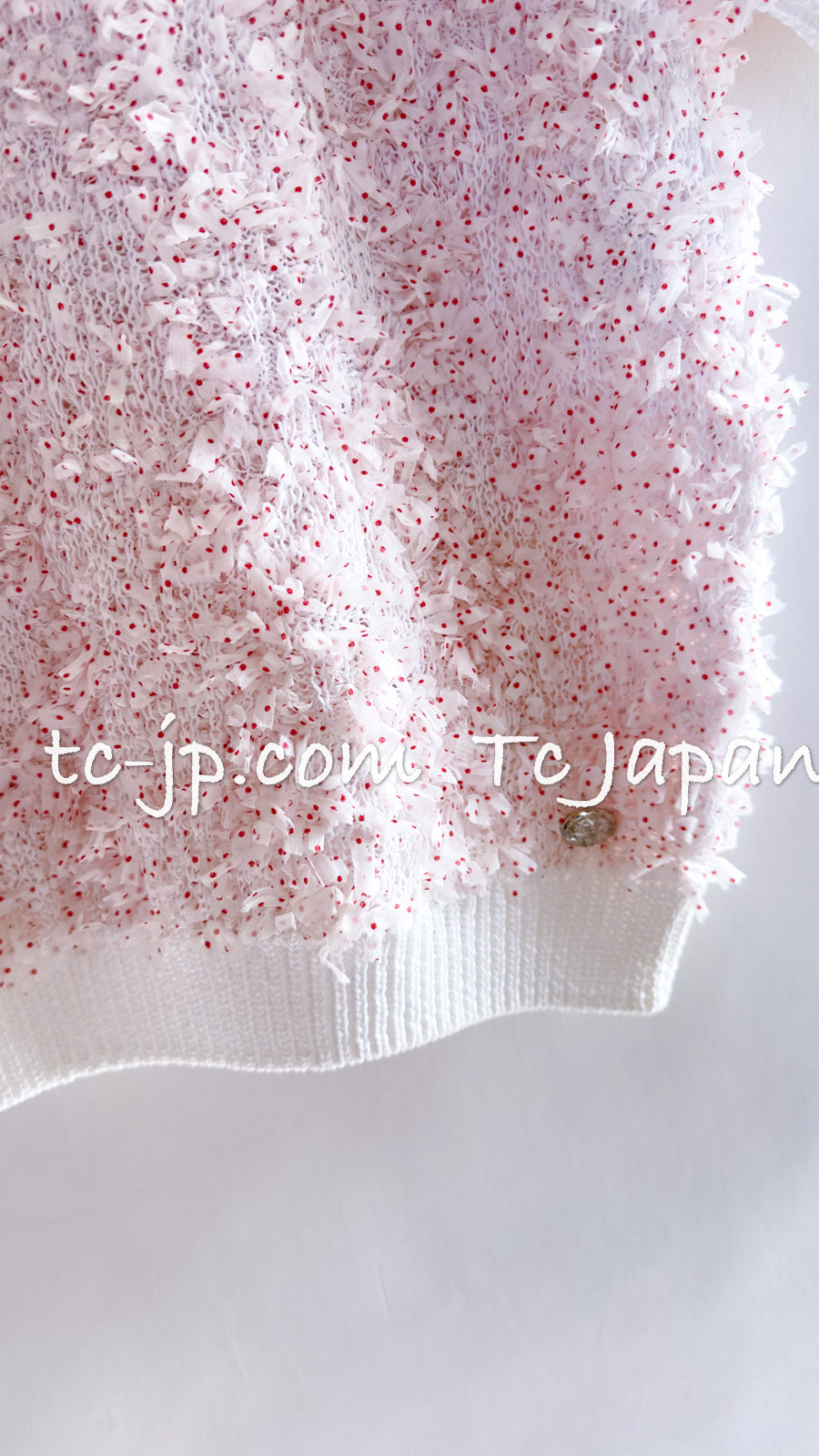 CHANEL 16C White Red Dot Ribbon Embellishments Knit Pullover Sweater Tops 36 40 42 シャネル ホワイト レッド ドット リボン ニット プルオーバー セーター トップス 即発