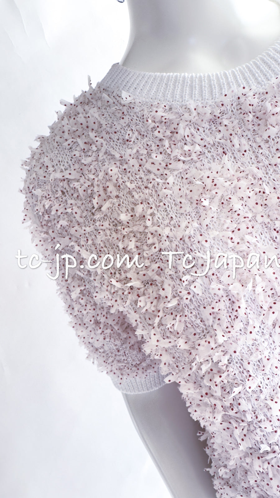 CHANEL 16C White Red Dot Ribbon Embellishments Knit Pullover Sweater Tops 36 40 42 シャネル ホワイト レッド ドット リボン ニット プルオーバー セーター トップス 即発