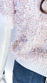 CHANEL 16C White Red Dot Ribbon Embellishments Knit Pullover Sweater Tops 36 40 42 シャネル ホワイト レッド ドット リボン ニット プルオーバー セーター トップス 即発