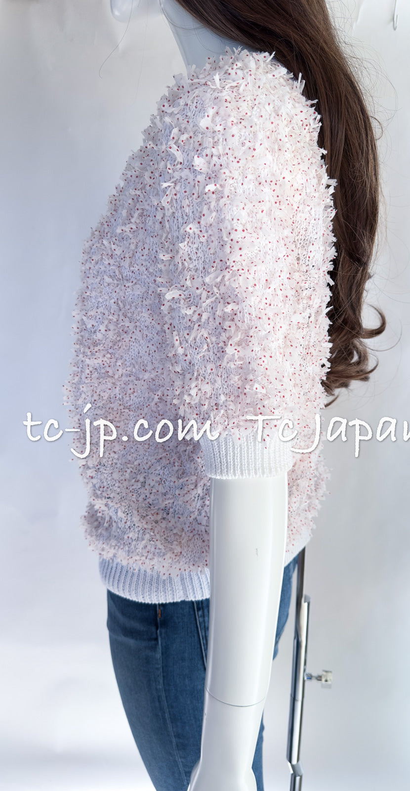 CHANEL 16C White Red Dot Ribbon Embellishments Knit Pullover Sweater Tops 36 40 42 シャネル ホワイト レッド ドット リボン ニット プルオーバー セーター トップス 即発