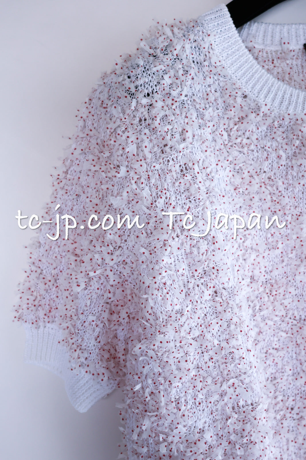 CHANEL 16C White Red Dot Ribbon Embellishments Knit Pullover Sweater Tops  40 42 シャネル ホワイト レッド ドット リボン ニット プルオーバー セーター トップス