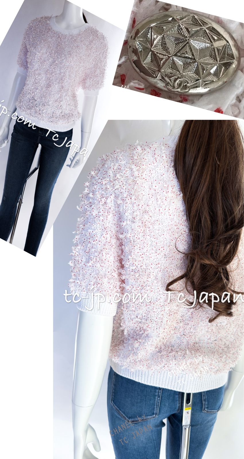 CHANEL 16C White Red Dot Ribbon Embellishments Knit Pullover Sweater Tops 36 40 42 シャネル ホワイト レッド ドット リボン ニット プルオーバー セーター トップス 即発