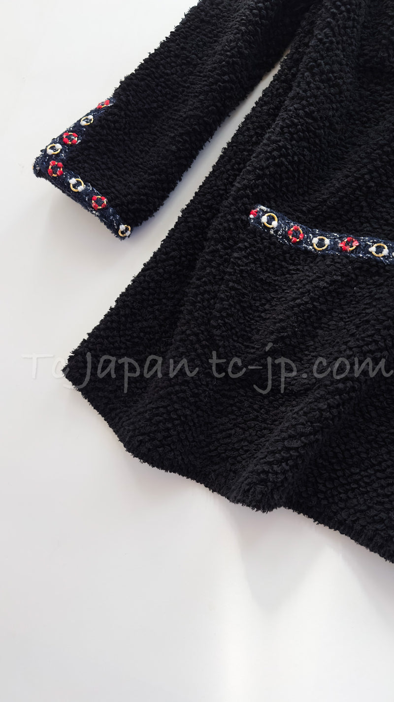 CHANEL 19C Black Tricolor Cotton Ring Trim Knit Tops Tunic Sweater 42 44 シャネル ブラック トリコロール コットン リング トリム 肉厚 ニット トップス チュニック セーター