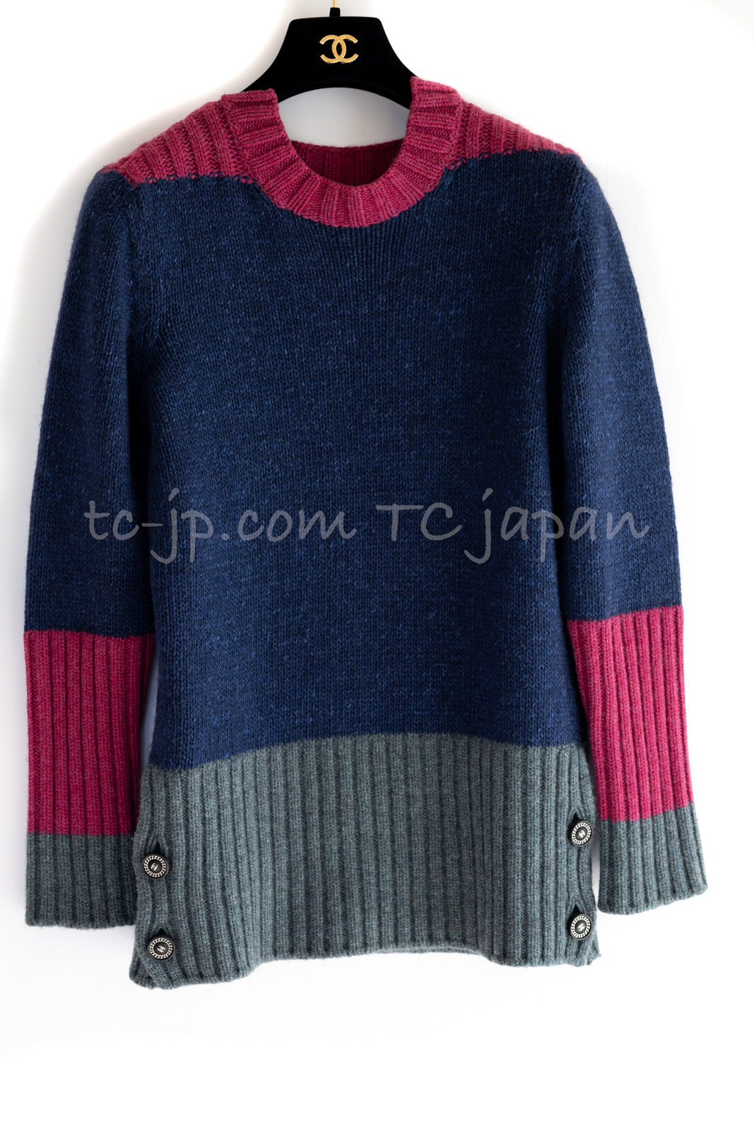 CHANEL 12A Navy Gray Pink Cashmere Wool Knit Sweater CC Logo Buttons 38  シャネル ネイビー グレー ピンク カシミヤ ウール モヘア ニット セーター ココマークボタン 即発