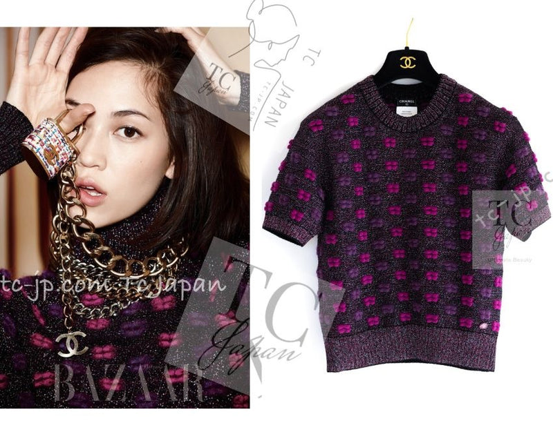 CHANEL 14A Purple Pink Violet Wool Mohair Ribbon Lips Knit Sweater 38 シャネル パープル マジェンタ リボン リップ ウール モヘア ニット セーター 即発