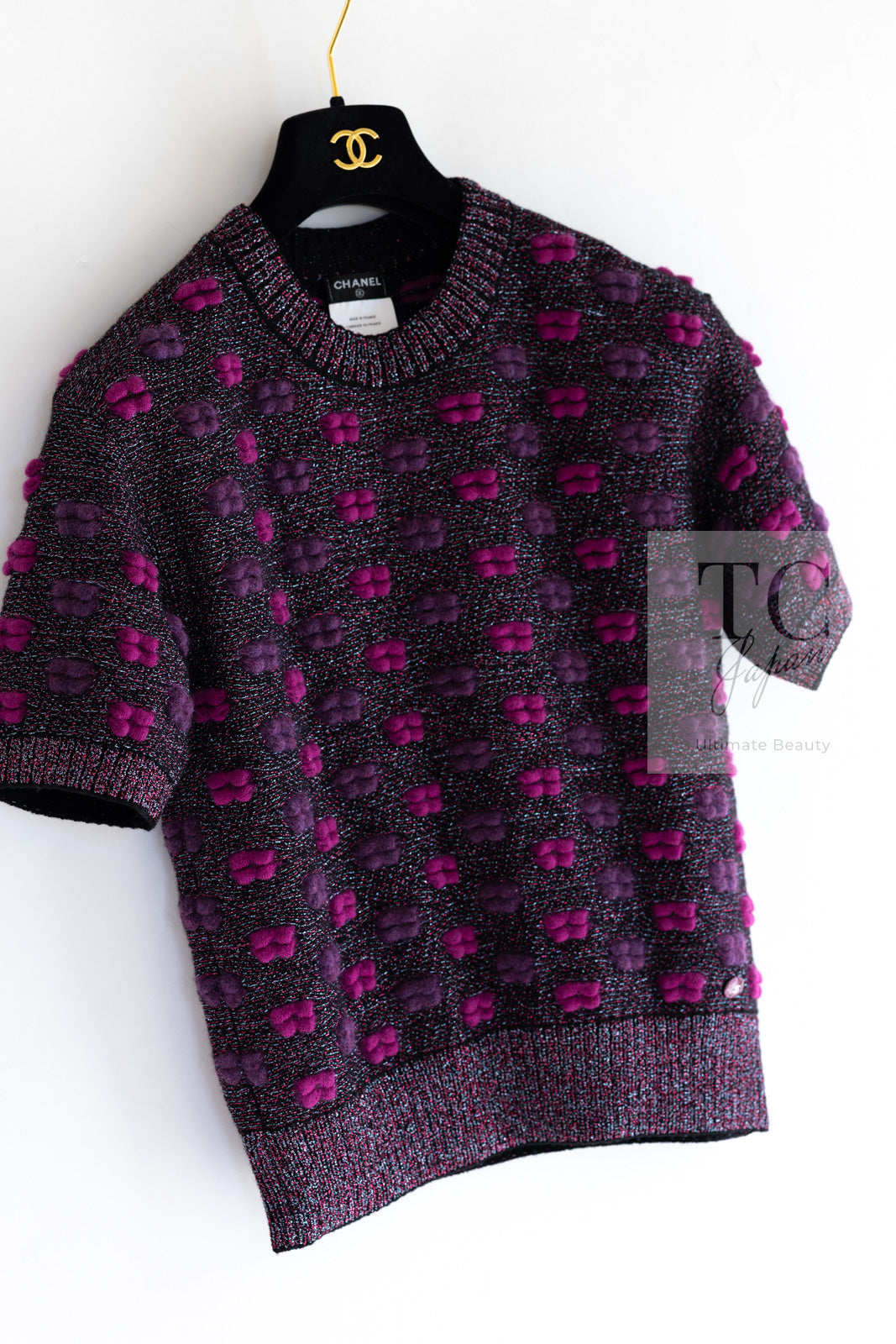 CHANEL 14A Purple Pink Violet Wool Mohair Ribbon Lips Knit Sweater 38 シャネル パープル マジェンタ リボン リップ ウール モヘア ニット セーター 即発