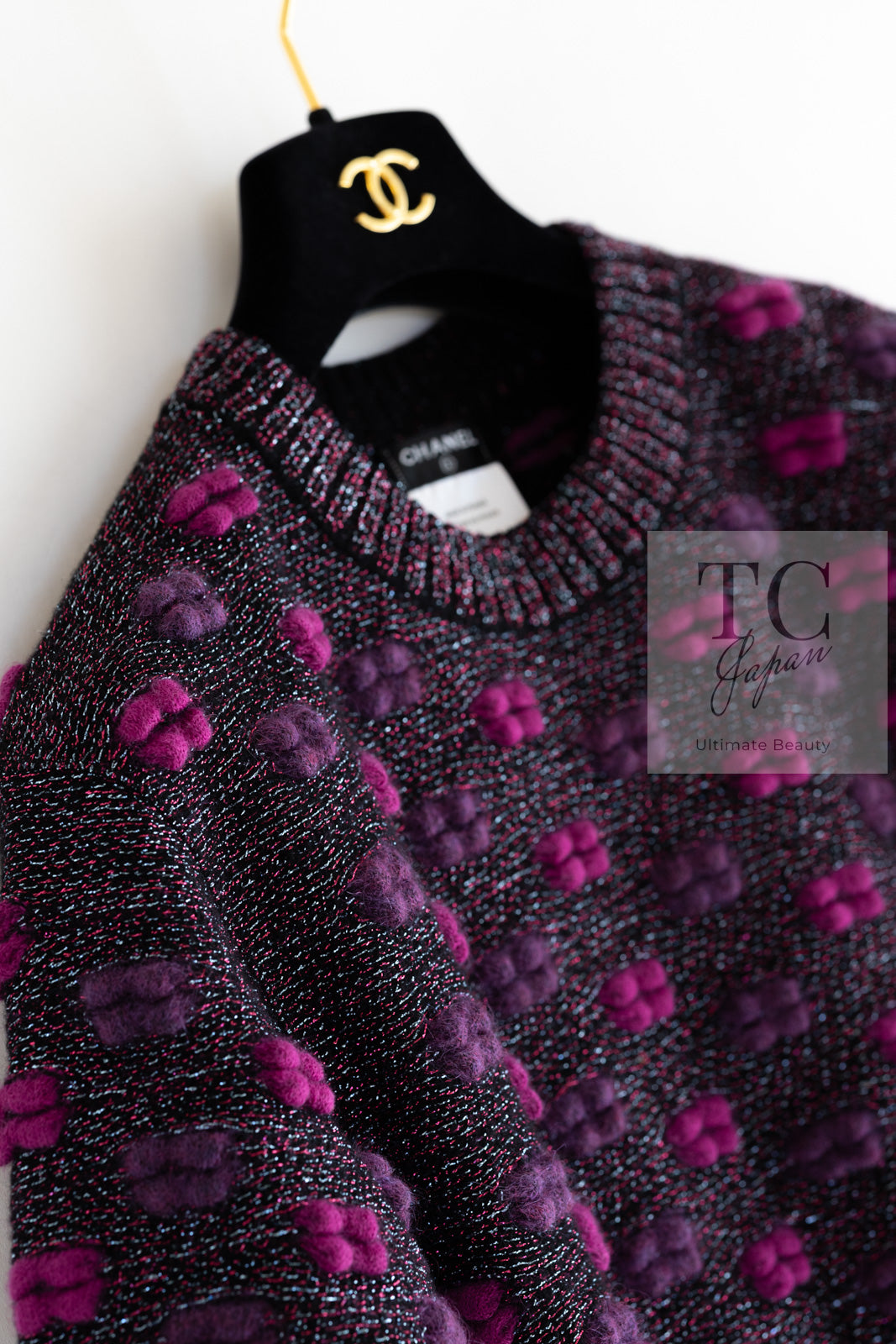CHANEL 14A Purple Pink Violet Wool Mohair Ribbon Lips Knit Sweater 38 シャネル パープル マジェンタ リボン リップ ウール モヘア ニット セーター 即発