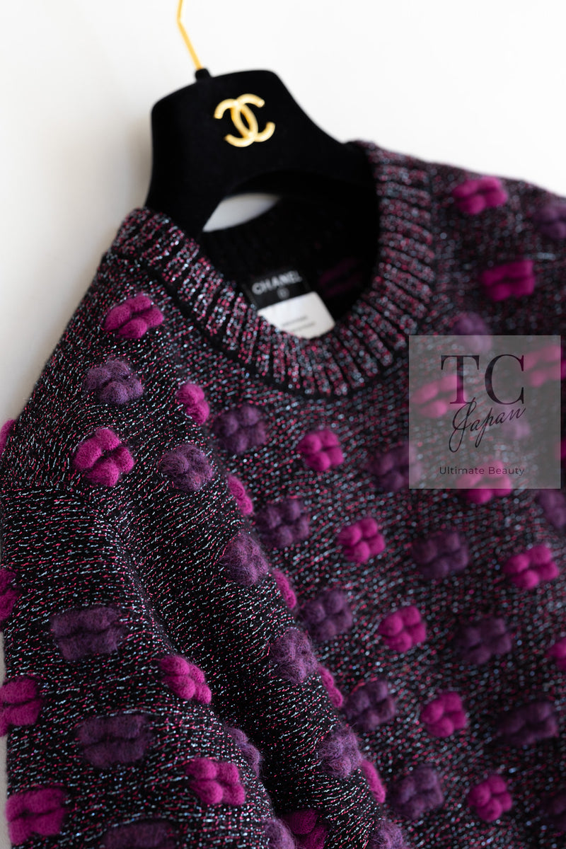CHANEL 14A Purple Pink Violet Wool Mohair Ribbon Lips Knit Sweater 38 シャネル パープル マジェンタ リボン リップ ウール モヘア ニット セーター 即発