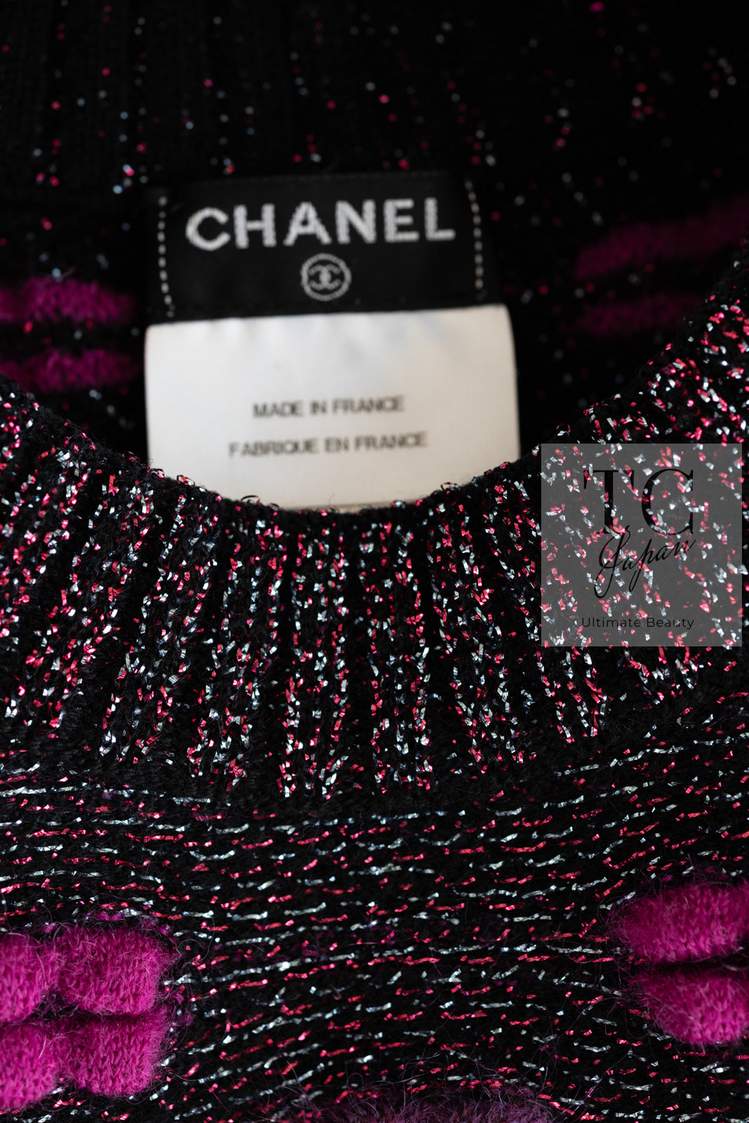 CHANEL 14A Purple Pink Violet Wool Mohair Ribbon Lips Knit Sweater 38 シャネル パープル マジェンタ リボン リップ ウール モヘア ニット セーター 即発