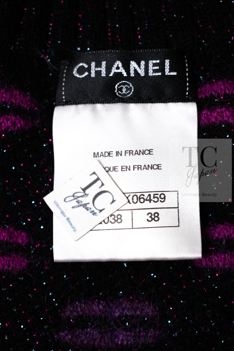 CHANEL 14A Purple Pink Violet Wool Mohair Ribbon Lips Knit Sweater 38 シャネル パープル マジェンタ リボン リップ ウール モヘア ニット セーター 即発