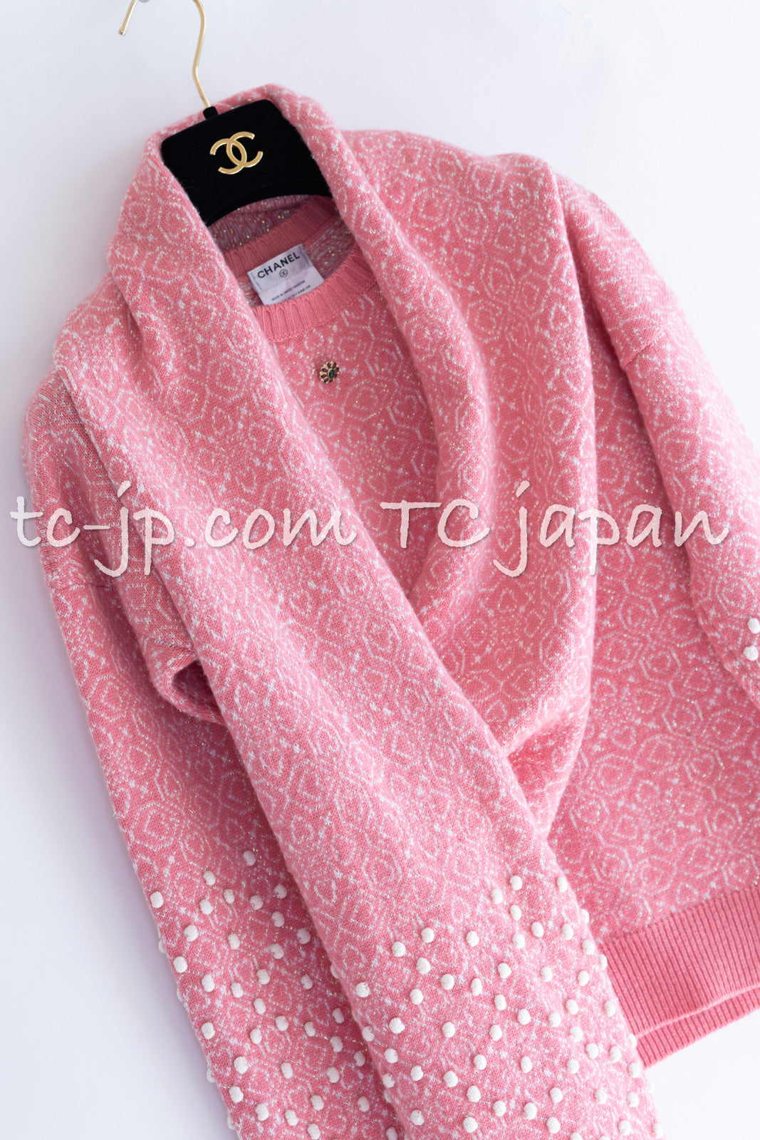 CHANEL 12PF Pink Ivory Scarf Gripox Cashmere Knit Sweater 34 36 シャネル ピンク  桜さくらカラー マフラー付 グリポワ宝石 カシミヤ ニット セーター 即発