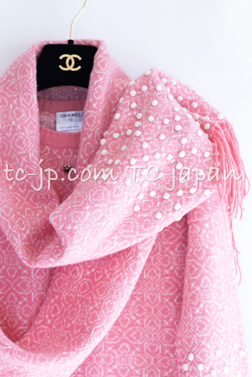 CHANEL 12PF Pink Ivory Scarf Gripox Cashmere Knit Sweater 34 36 シャネル ピンク  桜さくらカラー マフラー付 グリポワ宝石 カシミヤ ニット セーター 即発