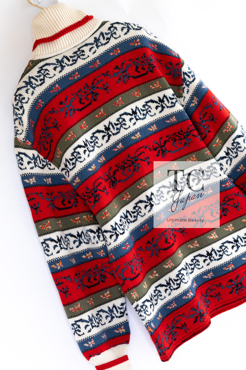 CHANEL 90's Vintage Ivory Red Multicolor CC Gold Buttons Wool Knit Sweater 42 44 シャネル ヴィンテージ 貴重 アイボリー レッド マルチカラー CC ゴールドボタン ウール 100 ニット セーター 即発