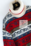 CHANEL 90's Vintage Ivory Red Multicolor CC Gold Buttons Wool Knit Sweater 42 44 シャネル ヴィンテージ 貴重 アイボリー レッド マルチカラー CC ゴールドボタン ウール 100 ニット セーター 即発
