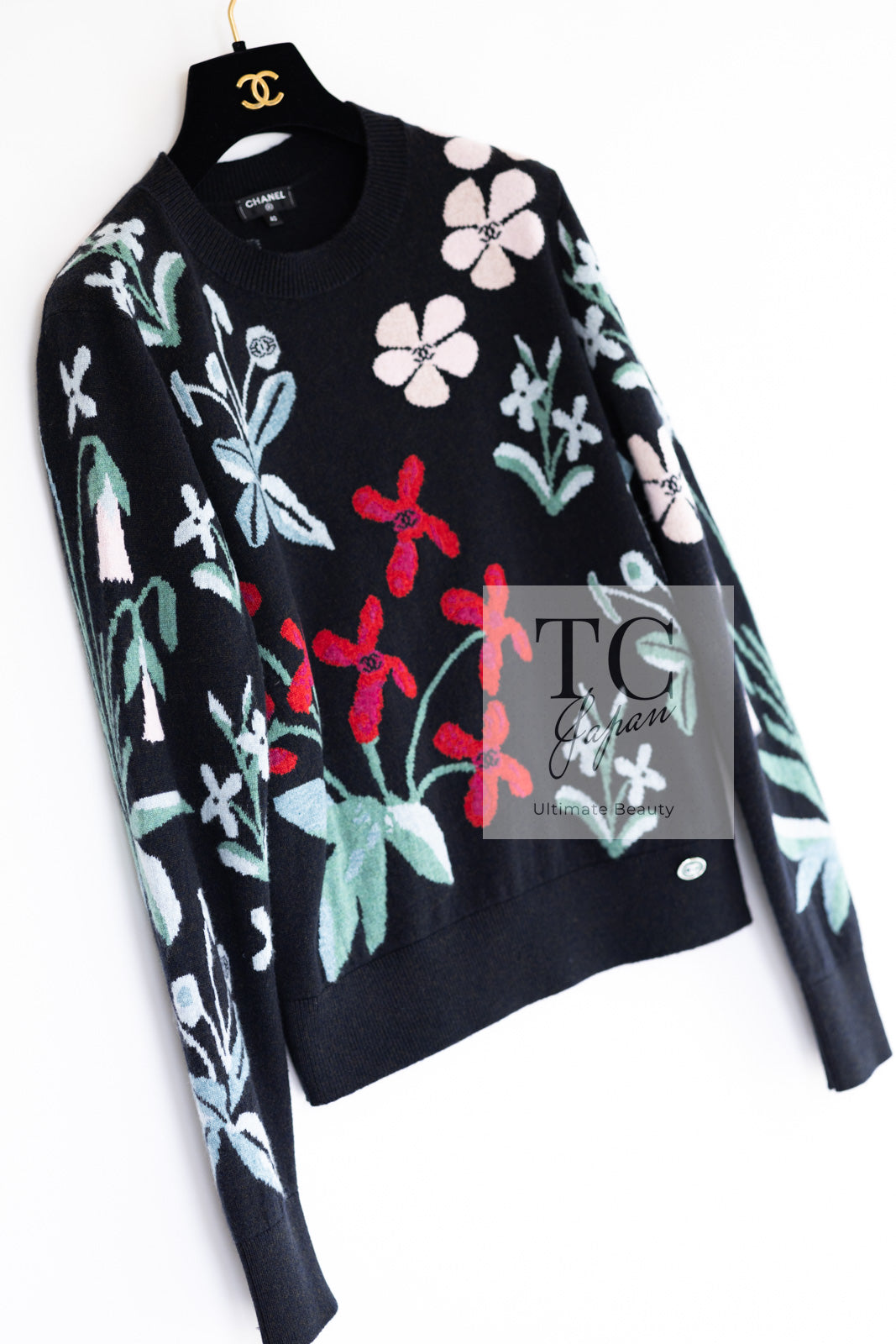 CHANEL 21PF Black Multicolor Floral Cashmere Knit Tops Sweater 38 シャネル ブラック  マルチカラー 花柄 カシミア ニット トップス セーター 即発