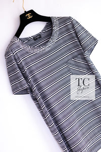 CHANEL 12S Gray Black White CC Mark Border Cotton T-shirt 40 シャネル グレー ブラック ホワイト ココマーク 半袖 ボーダー コットン ストーン装飾 Tシャツ 即発