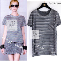 CHANEL 12S Gray Black White CC Mark Border Cotton T-shirt 40 シャネル グレー ブラック ホワイト ココマーク 半袖 ボーダー コットン ストーン装飾 Tシャツ 即発