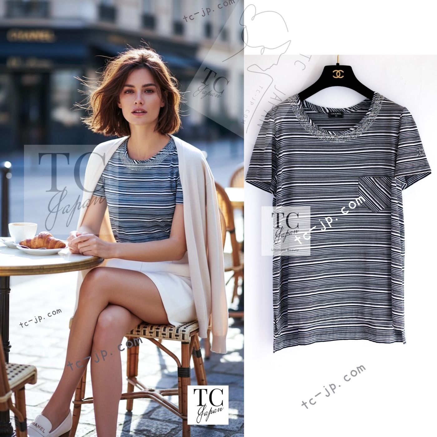 CHANEL 12S Gray Black White CC Mark Border Cotton T-shirt 40 シャネル グレー ブラック ホワイト ココマーク 半袖 ボーダー コットン ストーン装飾 Tシャツ 即発