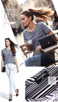 CHANEL 12S Gray Black White CC Mark Border Cotton T-shirt 40 シャネル グレー ブラック ホワイト ココマーク 半袖 ボーダー コットン ストーン装飾 Tシャツ 即発