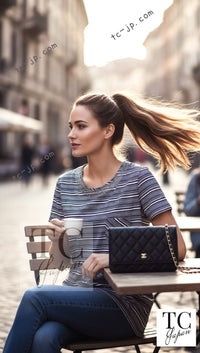 CHANEL 12S Gray Black White CC Mark Border Cotton T-shirt 40 シャネル グレー ブラック ホワイト ココマーク 半袖 ボーダー コットン ストーン装飾 Tシャツ 即発