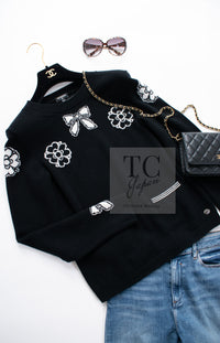 CHANEL 16B Black Ribbon Camellia Cashmere Knit Sweater 34 シャネル ブラック リボン カメリア カシミア ニット 長袖 セーター 即発