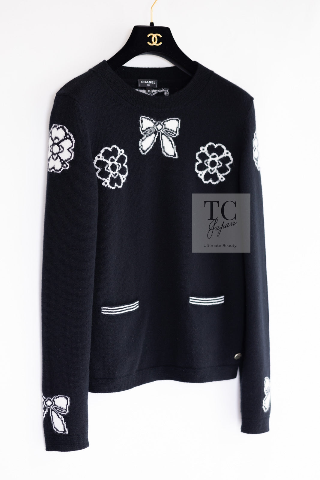 CHANEL 16B Black Ribbon Camellia Cashmere Knit Sweater 34 シャネル ブラック リボン  カメリア カシミア ニット 長袖 セーター 即発