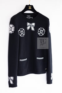 CHANEL 16B Black Ribbon Camellia Cashmere Knit Sweater 34 シャネル ブラック リボン カメリア カシミア ニット 長袖 セーター 即発