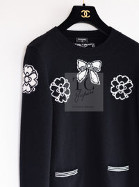 CHANEL 16B Black Ribbon Camellia Cashmere Knit Sweater 34 シャネル ブラック リボン カメリア カシミア ニット 長袖 セーター 即発