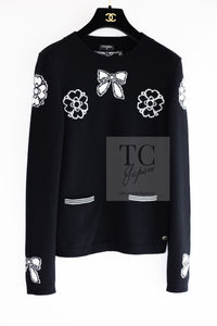 CHANEL 16B Black Ribbon Camellia Cashmere Knit Sweater 34 シャネル ブラック リボン カメリア カシミア ニット 長袖 セーター 即発