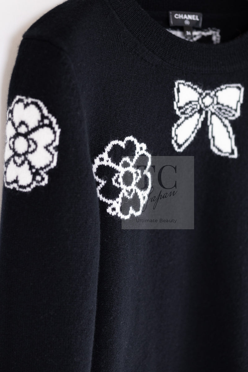 CHANEL 16B Black Ribbon Camellia Cashmere Knit Sweater 34 シャネル ブラック リボン カメリア カシミア ニット 長袖 セーター 即発