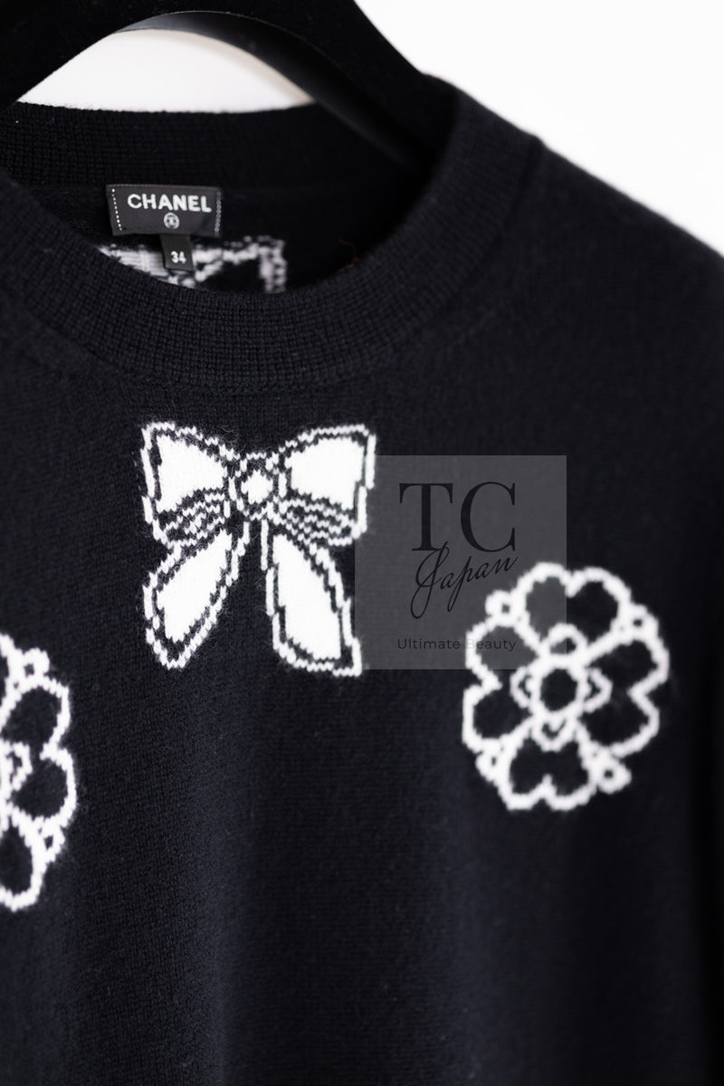 CHANEL 16B Black Ribbon Camellia Cashmere Knit Sweater 34 シャネル ブラック リボン カメリア カシミア ニット 長袖 セーター 即発