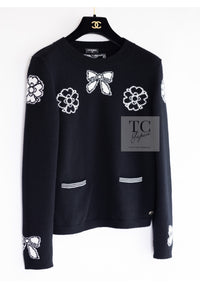 CHANEL 16B Black Ribbon Camellia Cashmere Knit Sweater 44 シャネル ブラック リボン カメリア カシミア ニット 長袖 セーター 即発