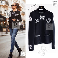 CHANEL 16B Black Ribbon Camellia Cashmere Knit Sweater 44 シャネル ブラック リボン カメリア カシミア ニット 長袖 セーター 即発