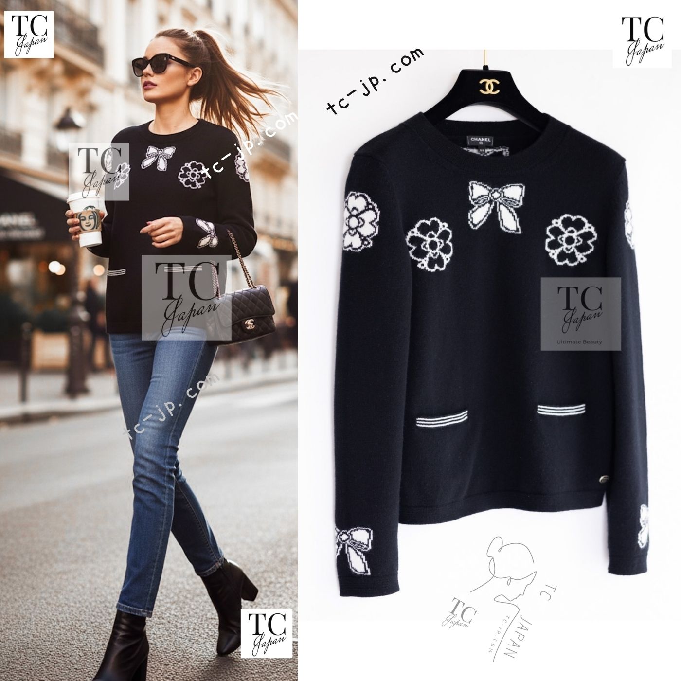 CHANEL 16B Black Ribbon Camellia Cashmere Knit Sweater 44 シャネル ブラック リボン カメリア カシミア ニット 長袖 セーター 即発