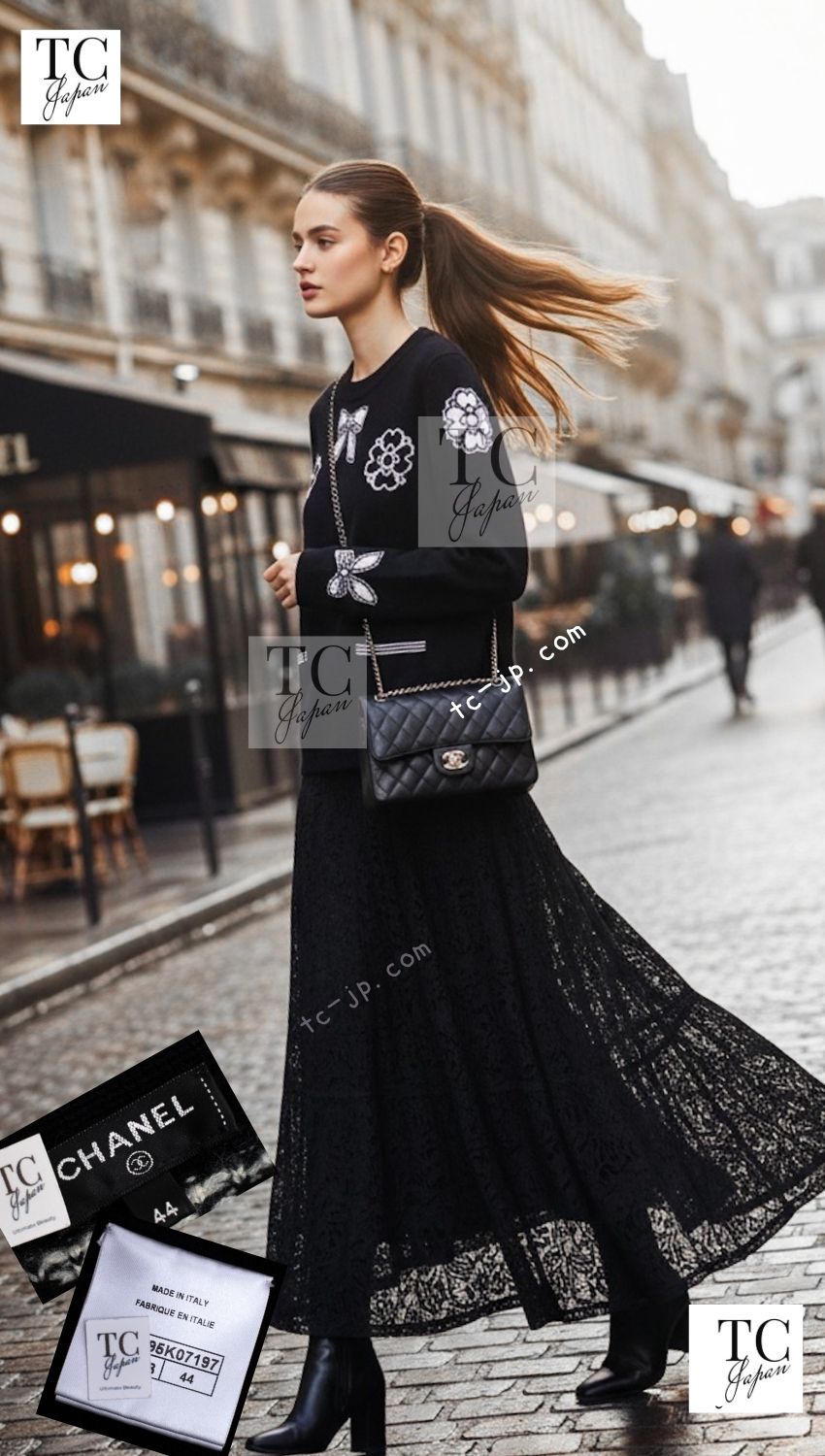 CHANEL 16B Black Ribbon Camellia Cashmere Knit Sweater 44 シャネル ブラック リボン カメリア カシミア ニット 長袖 セーター 即発