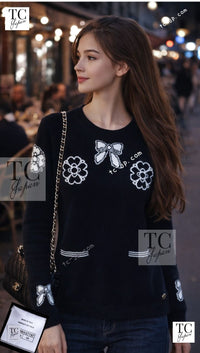 CHANEL 16B Black Ribbon Camellia Cashmere Knit Sweater 44 シャネル ブラック リボン カメリア カシミア ニット 長袖 セーター 即発