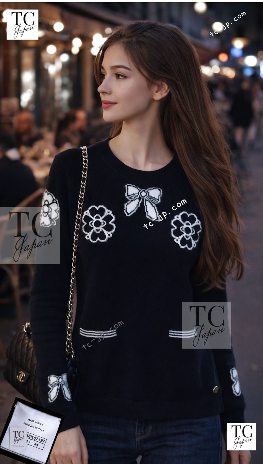 CHANEL 16B Black Ribbon Camellia Cashmere Knit Sweater 44 シャネル ブラック リボン カメリア カシミア ニット 長袖 セーター 即発