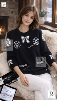 CHANEL 16B Black Ribbon Camellia Cashmere Knit Sweater 44 シャネル ブラック リボン カメリア カシミア ニット 長袖 セーター 即発