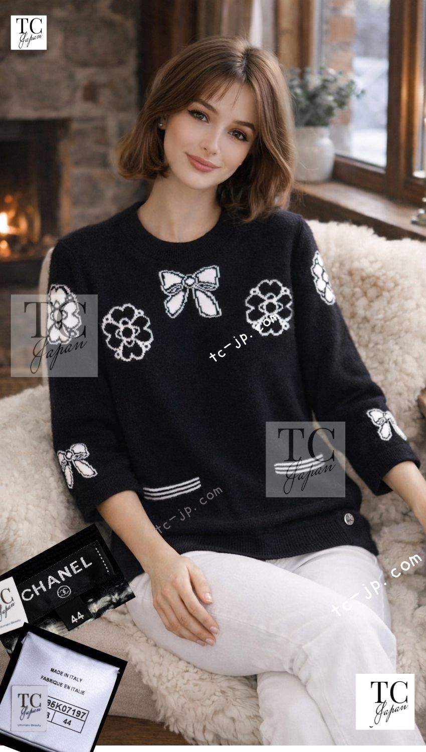 CHANEL 16B Black Ribbon Camellia Cashmere Knit Sweater 44 シャネル ブラック リボン カメリア カシミア ニット 長袖 セーター 即発