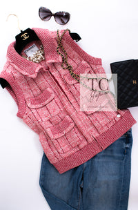 CHANEL 01S Red Linen Tweed Sequin Trim Vest Tops 38 シャネル レッド リネン ツイード スパンコール トリム ベスト ジレ トップス 即発