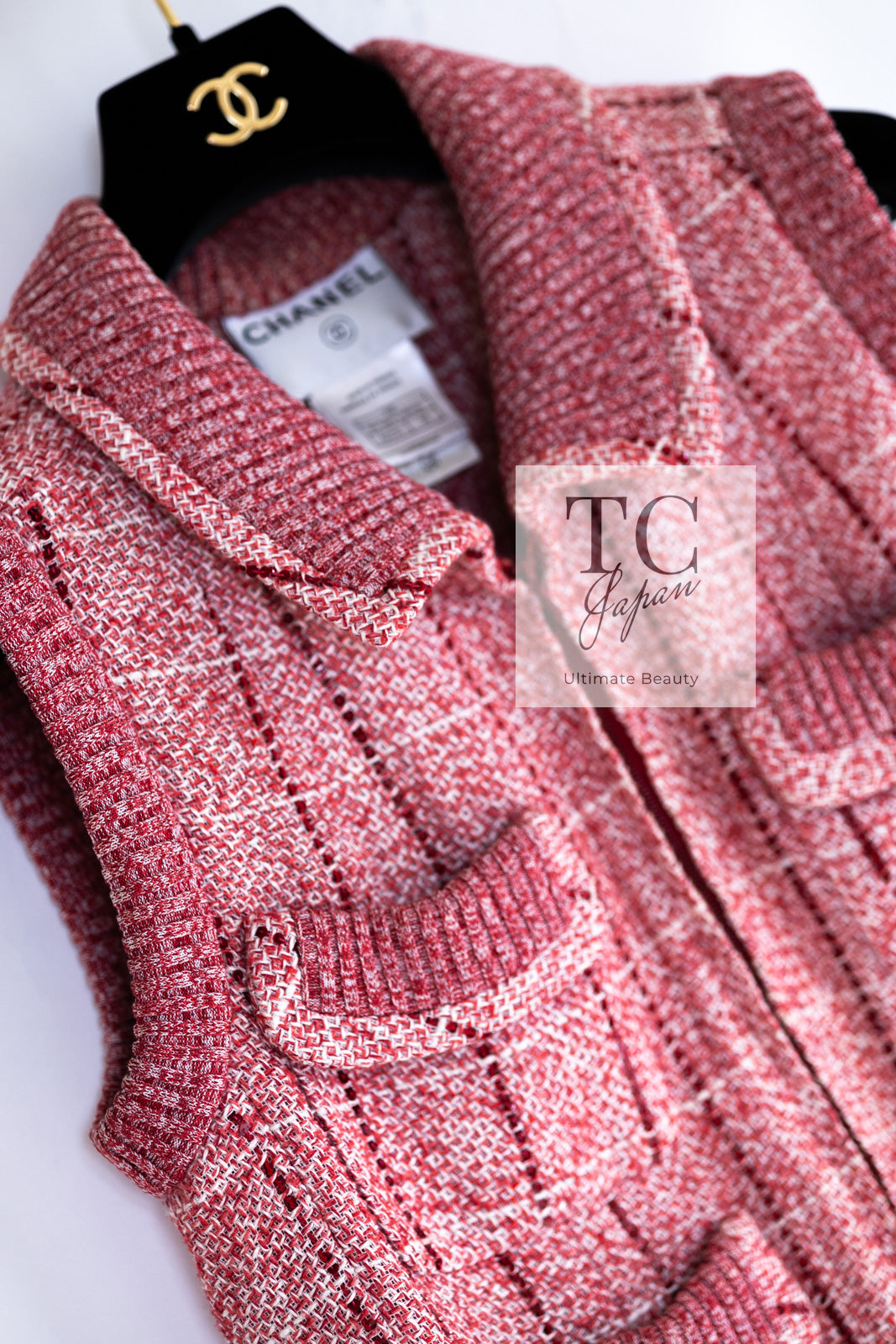 CHANEL 01S Red Linen Tweed Sequin Trim Vest Tops 38 シャネル レッド リネン ツイード スパンコール トリム ベスト ジレ トップス 即発
