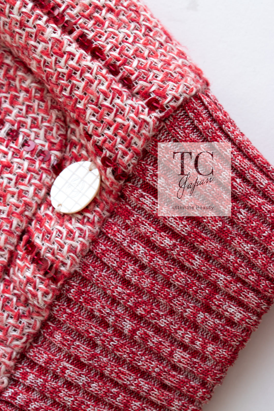 CHANEL 01S Red Linen Tweed Sequin Trim Vest Tops 38 シャネル レッド リネン ツイード スパンコール トリム ベスト ジレ トップス 即発