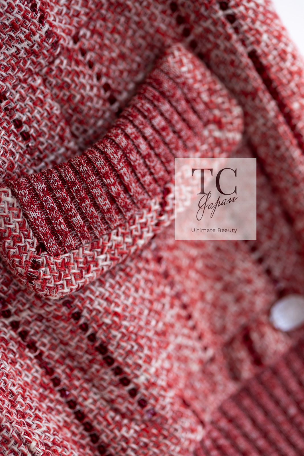 CHANEL 01S Red Linen Tweed Sequin Trim Vest Tops 38 シャネル レッド リネン ツイード スパンコール トリム ベスト ジレ トップス 即発