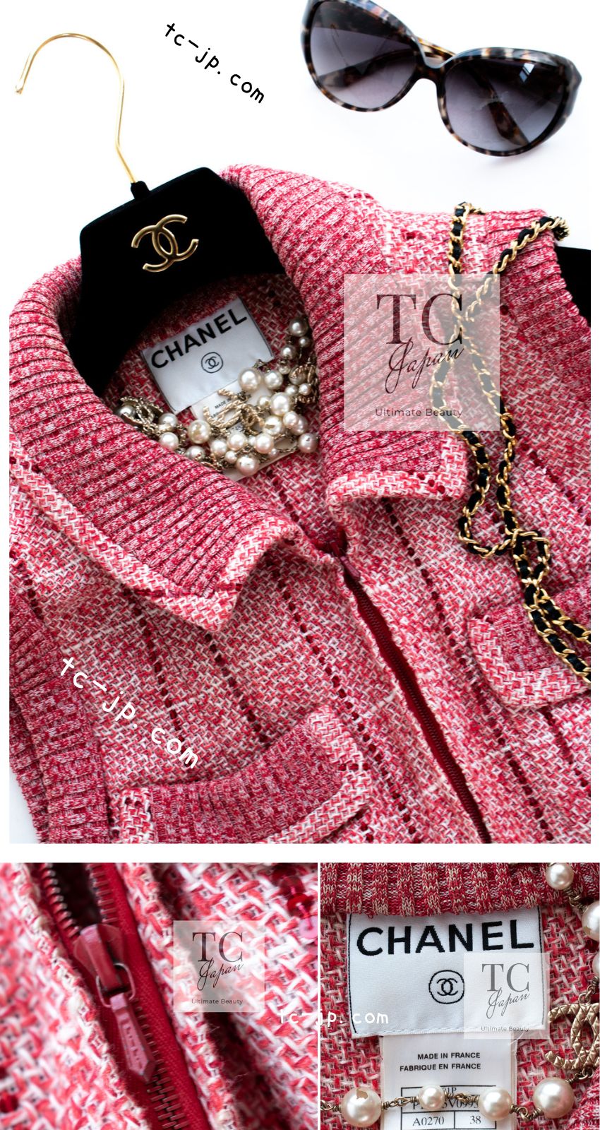 シャネル ベスト トップス CHANEL レッド リネン ツイード